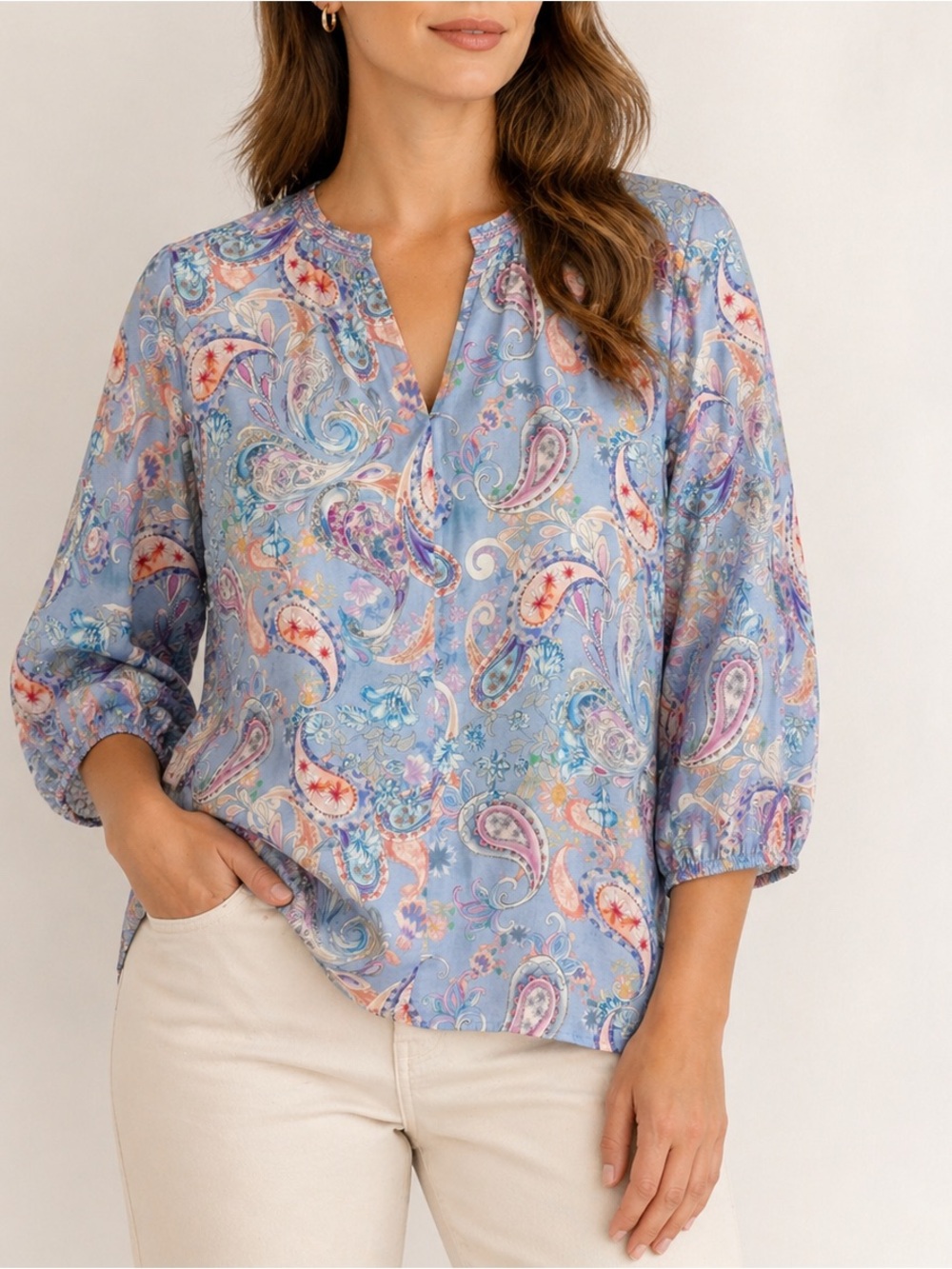 Bariloche Paisley Floral Viscose Blouse Blue Pink 3/4 Sleeve Size M